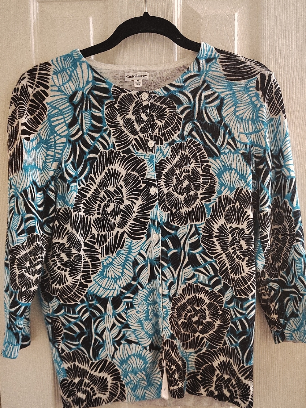 croft & barrow Black, White and Blue Floral Button-Up Cardigan